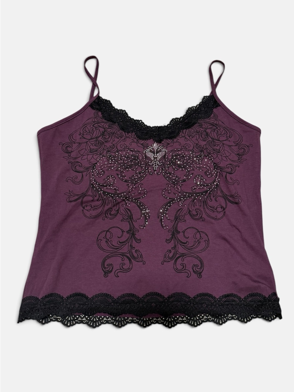 ROMWE Plum Lace-Trim Cami with Decorative Print